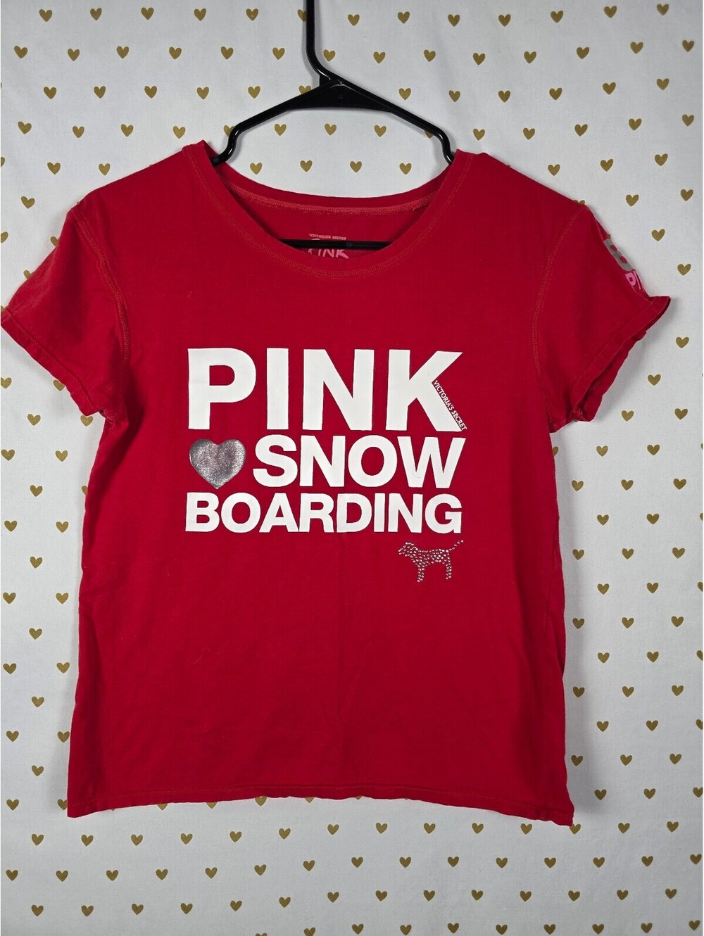 Victoria's Secret PINK Snowboarding Tee Shirt L Red Rhinestone Dog Ski Graphic